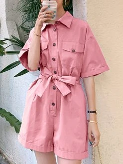 Solid Pocket Button Lapel Short Sleeve Wide Leg Cargo Romper -Zanzea Shop bee8c204 4b3c 4d56 9905 8f887b7b55ad