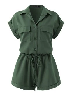 Solid Button Pocket Drawstring Lapel Romper -Zanzea Shop bf219025 2cff 46fb b37f 2761d49fdd4f
