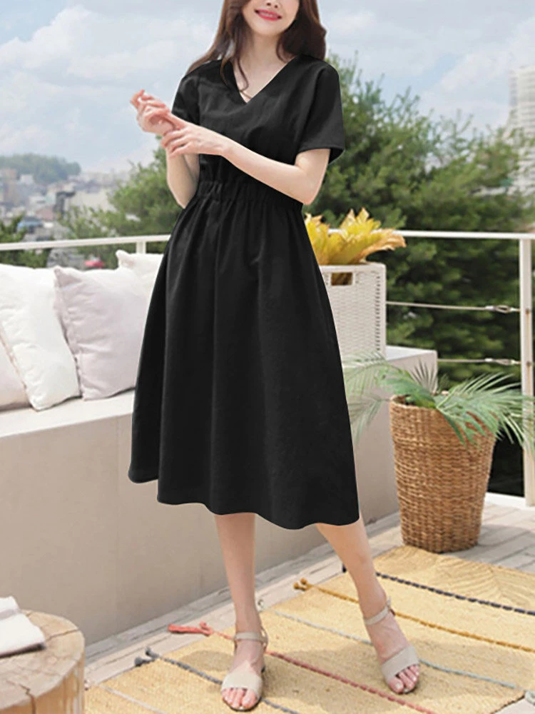 Solid Elastic Waist V-neck Short Sleeve Casual Dress 7 Solid Elastic Waist V-neck Short Sleeve Casual Dress - Image 7