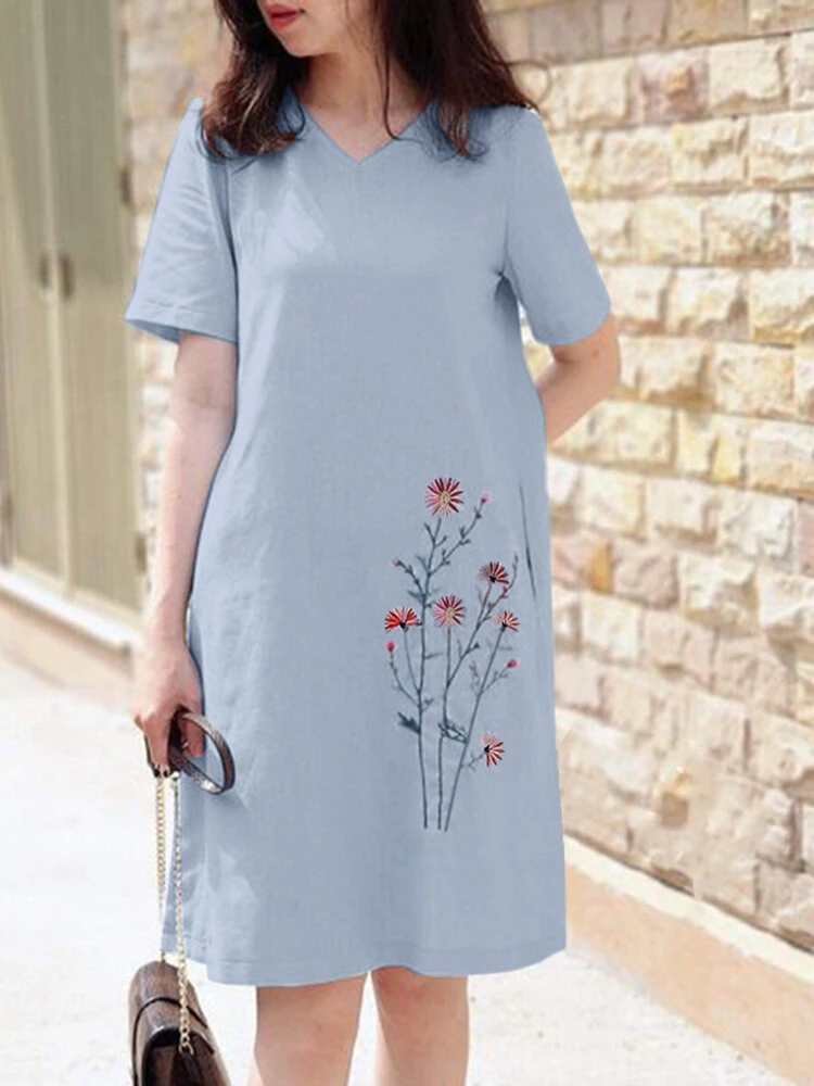 Women Floral Embroidered V-Neck Cotton Short Sleeve Dress 3 Women Floral Embroidered V-Neck Cotton Short Sleeve Dress - Image 3