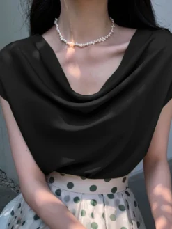 Cowl Neck Solid Satin Short Sleeve Blouse For Women -Zanzea Shop bf580018 1c0b 4b9b acc9 941e781345da