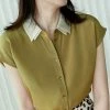 Contrast Double Layered Neck Short Sleeve Button Blouse