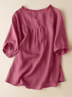 Women Plain Frill Neck Half Button Cotton 3/4 Sleeve Blouse -Zanzea Shop bf745cc8 44b8 44fc 9a5f e89806dfea39