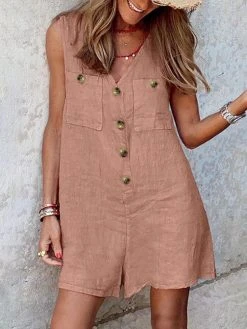 Solid Pocket Button Sleeveless V Neck Casual Romper -Zanzea Shop bf8f709a 5def 4a3f 943c 60f10a11abaa