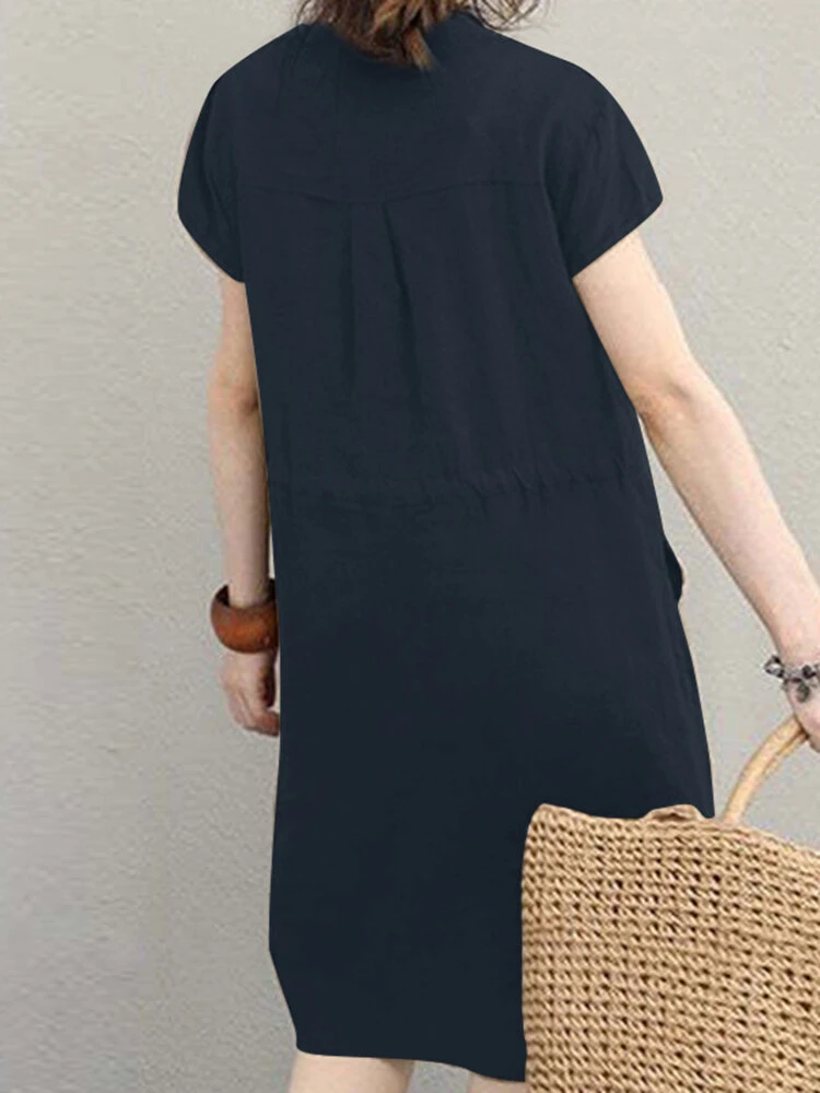 Solid Short Sleeve Pocket Drawstring Button Dress 2 Solid Short Sleeve Pocket Drawstring Button Dress - Image 2