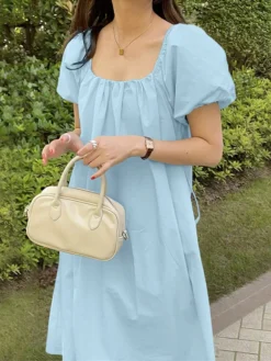 Solid Puff Sleeve Pocket Square Collar Midi Dress -Zanzea Shop bfb6a8d1 1040 4d73 b0af 925593f2e9f1