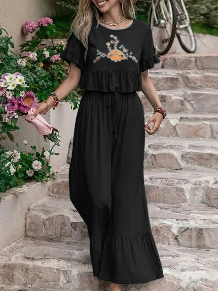 Embroidery Drawstring Waist Ruffle Wide Leg Two Pieces Suit 5 Embroidery Drawstring Waist Ruffle Wide Leg Two Pieces Suit - Image 5