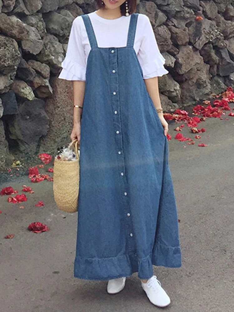 Denim Ruffle Straps Button Sleeveless Plus Size Maxi Dress 3 Denim Ruffle Straps Button Sleeveless Plus Size Maxi Dress - Image 3