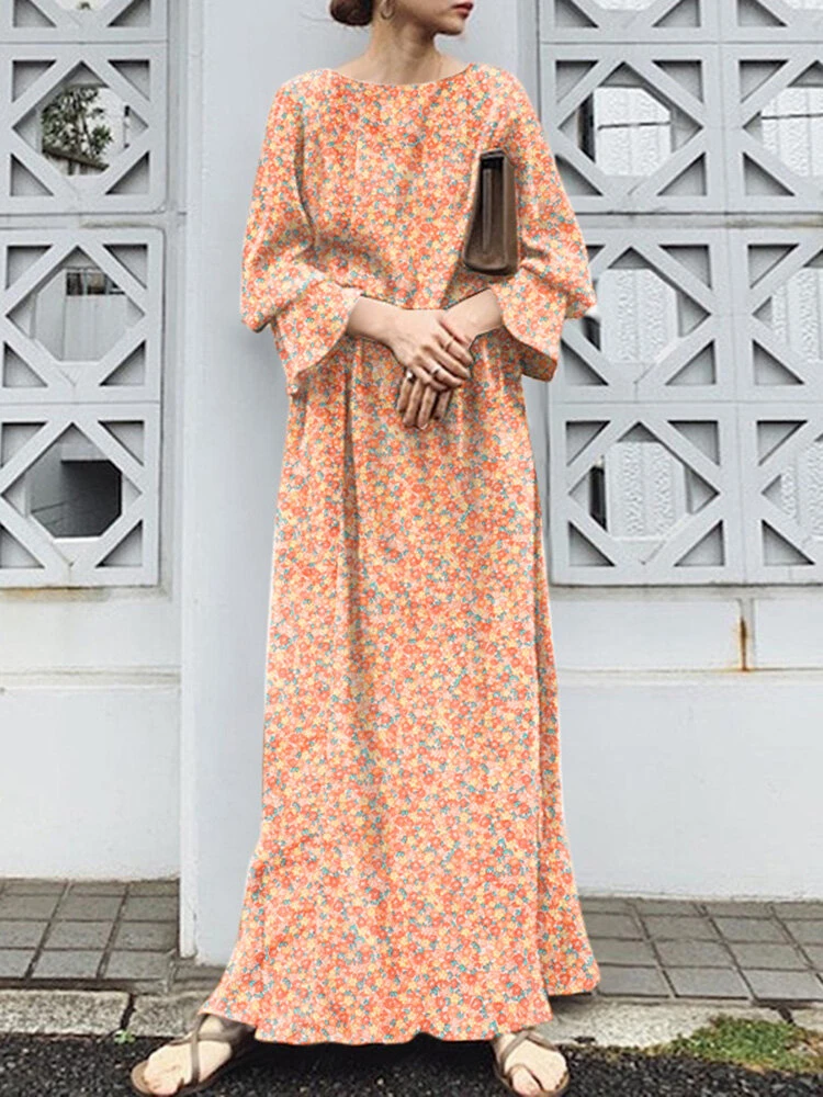 Floral Print Long Bell Sleeve Crew Neck Slit Maxi Dress 4 Floral Print Long Bell Sleeve Crew Neck Slit Maxi Dress - Image 4