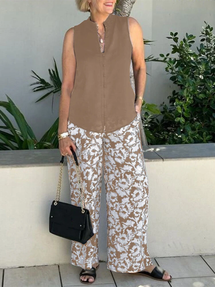 Women Solid Stand Collar Sleeveless Tank & Print Pants Co-ords 2 Women Solid Stand Collar Sleeveless Tank & Print Pants Co-ords - Image 2