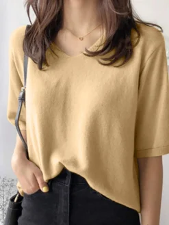 Casual Solid Knit Half Sleeve V-neck Casual T-shirt