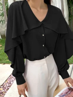 Ruffle Solid Long Sleeve V-neck Button Front Blouse -Zanzea Shop c04e64bd c89c 4c44 a57c b3e7aa773f4e