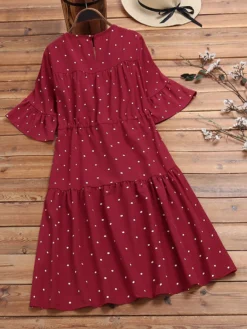 Polka Dot Print Elastic Waist Ruffle Sleeve Plus Size Casual Dress -Zanzea Shop c064f11c ffb2 443d abeb 676c40646236