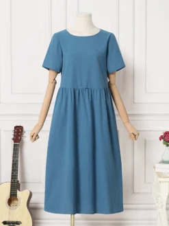 Solid Ruched Round Neck Short Sleeve Casual Cotton Midi Dress -Zanzea Shop c095f487 b7b2 4027 a11a 04b150e37169