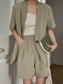 Solid Pocket Pleated Button Short Sleeve Two Pieces Suit