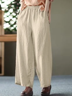 Solid Wide Leg Pocket Elastic Waist Cotton Pants