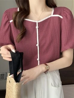 Contrast Square Collar Button Decor Short Sleeve Blouse -Zanzea Shop c0cbd7b4 9e67 4e17 a1bf ccc79b175e3c