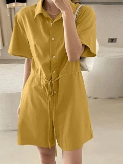 Solid Pocket Drawstring Waist Button Lapel Short Sleeve Romper