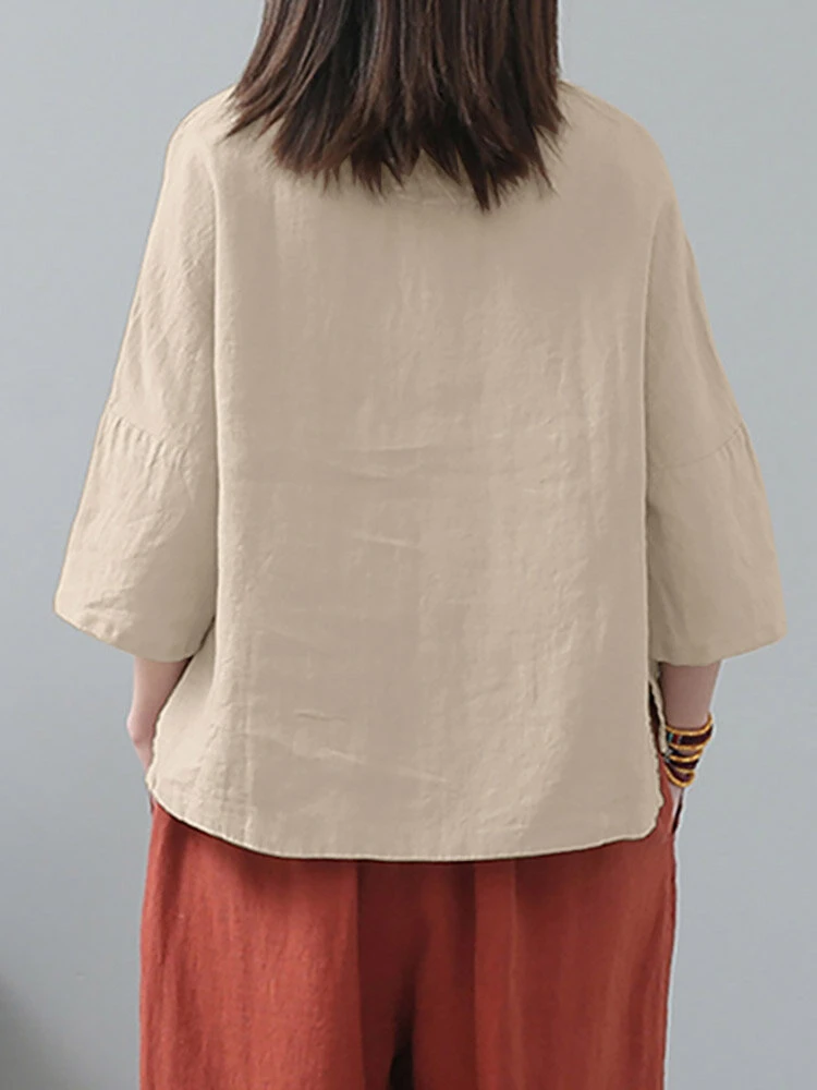 Flower Embroidery Frog Button Crew Neck 3/4 Sleeve Blouse 2 Flower Embroidery Frog Button Crew Neck 3/4 Sleeve Blouse - Image 2