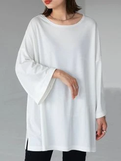 Solid Drop Shoulder Loose Long Sleeve Crew Neck T-shirt