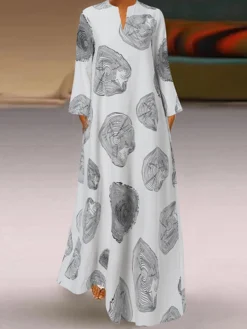 Women Print Notch Neck Long Sleeve Vintage Dress