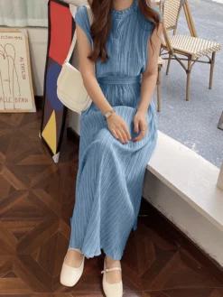 Textured Stand Collar Sleeveless Maxi Dress With Belt -Zanzea Shop c112a1c7 6939 449b b79c b59da6516257