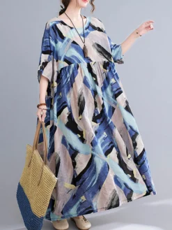Abstract Painted Loose O-neck Half Sleeve Women Vintage Dress -Zanzea Shop c1291af0 5193 494b 8f5f 97a5b10060de