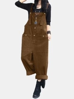 Solid Color Button Pocket Sleeveless Casual Corduroy Jumpsuit For Women