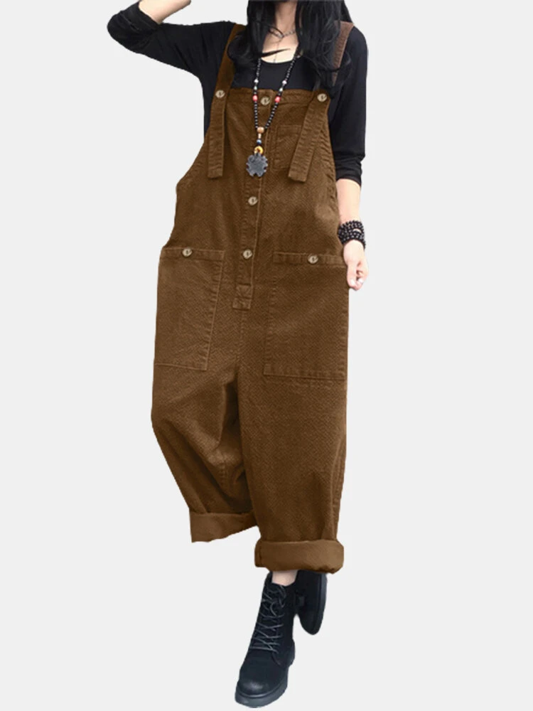 Solid Color Button Pocket Sleeveless Casual Corduroy Jumpsuit For Women 1 Solid Color Button Pocket Sleeveless Casual Corduroy Jumpsuit For Women