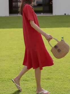 Solid Ruffle Short Sleeve Round Neck Casual Cotton Midi Dress -Zanzea Shop c15c779b 57a1 4c63 bfde 7d93a9d4b3f2