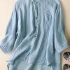 Solid V-neck Pocket Button Front High-low Hem Blouse