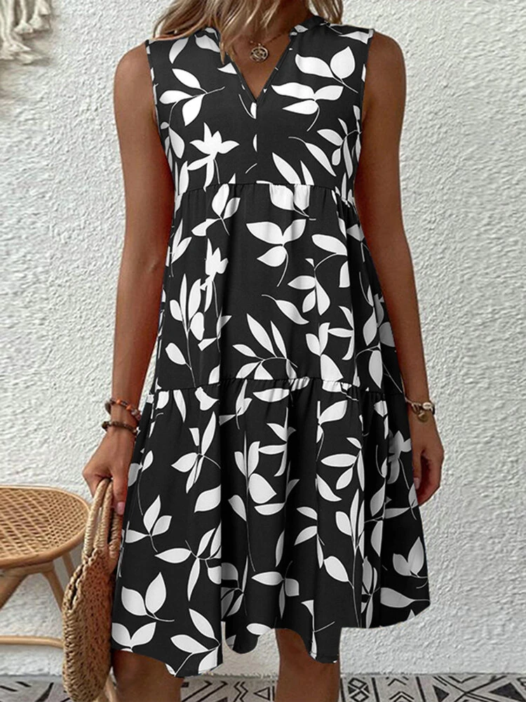 Women Allover Leaf Print V-Neck Tiered Sleeveless Dress 5 Women Allover Leaf Print V-Neck Tiered Sleeveless Dress - Image 5