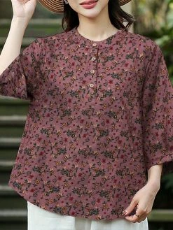 Women Ditsy Floral Print Stand Collar Half Button Cotton Blouse -Zanzea Shop c19f1e08 6c3f 4998 95ae c4db12cf6121