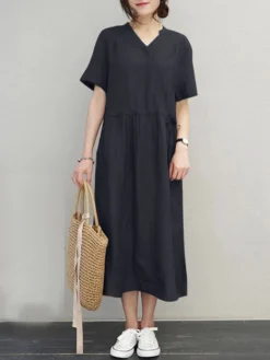 Women Solid Notched Neck Drawstring Waist Short Sleeve Dress -Zanzea Shop c1cf4b88 4d99 4525 a2be 9042a4e32f6c