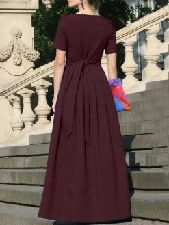 Solid Pleated Notch Neck Short Sleeve Maxi Dress With Belt -Zanzea Shop c1d8bd09 fd50 4eed 9b94 3048721363ea