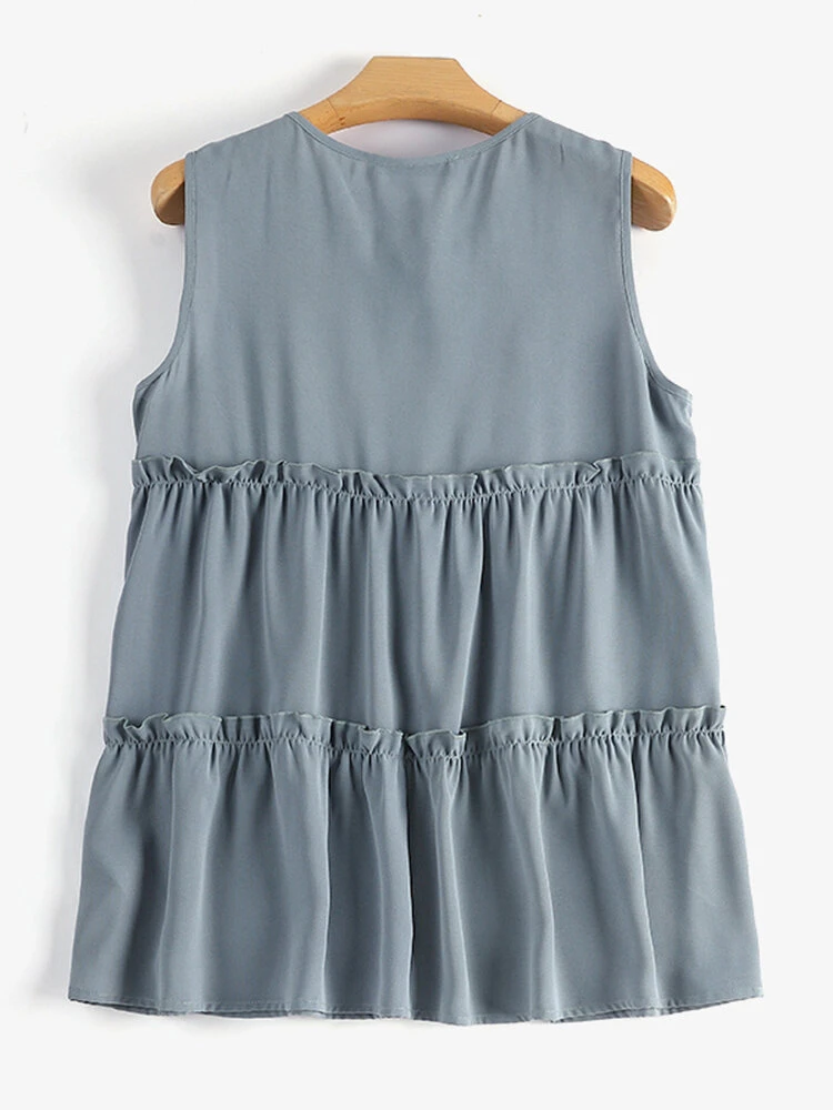 Women Lettuce Trim Tiered Tie Neck Sleeveless Tank Top 8 Women Lettuce Trim Tiered Tie Neck Sleeveless Tank Top - Image 8