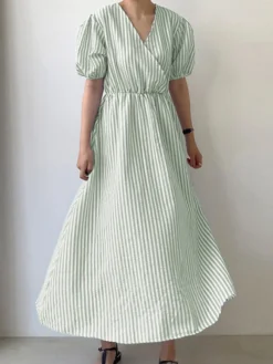 Puff Sleeve Wrap V-neck Stripe Print Midi Dress -Zanzea Shop c22a3007 6e35 4217 b64e ed9d3f5abbac