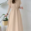 Solid Elastic Waist V-neck Short Sleeve Casual Dress