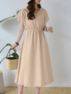 Solid Elastic Waist V-neck Short Sleeve Casual Dress