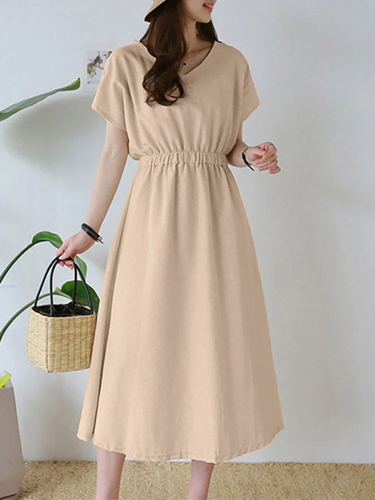 Solid Elastic Waist V-neck Short Sleeve Casual Dress 1 Solid Elastic Waist V-neck Short Sleeve Casual Dress