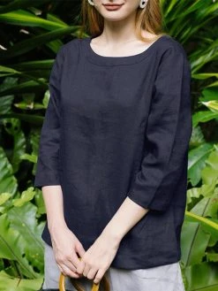 Solid Crew Neck 3/4 Sleeve Blouse For Women -Zanzea Shop c27bf12c 6eef 4d16 8289 b4132f31cac4