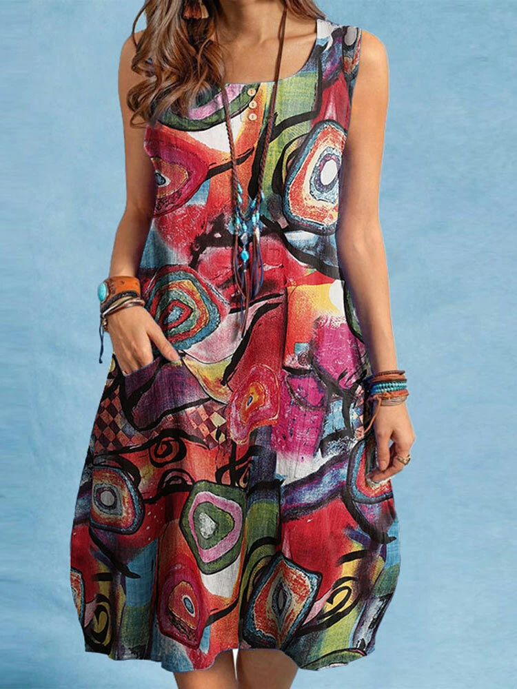 Allover Abstract Print Pocket Sleeveless Crew Neck Dress 6 Allover Abstract Print Pocket Sleeveless Crew Neck Dress - Image 6