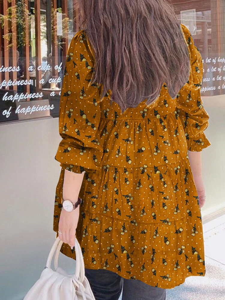 Allover Floral Print Puff Sleeve Crew Neck Casual Blouse 2 Allover Floral Print Puff Sleeve Crew Neck Casual Blouse - Image 2