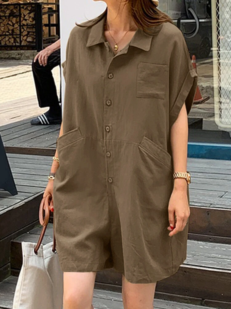 Solid Loose Pocket Button Lapel Short Sleeve Romper 12 Solid Loose Pocket Button Lapel Short Sleeve Romper - Image 12