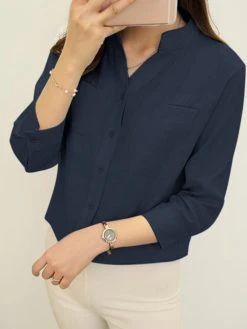 Solid Button Front Stand Collar 3/4 Sleeve Blouse -Zanzea Shop c31eb88d 14fd 43b6 8c09 dd43077a4661