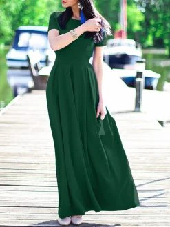 Solid Short Sleeve Pocket Crew Neck Maxi Dress -Zanzea Shop c32549ef acbd 40b6 ac15 a9f4d03d07b0