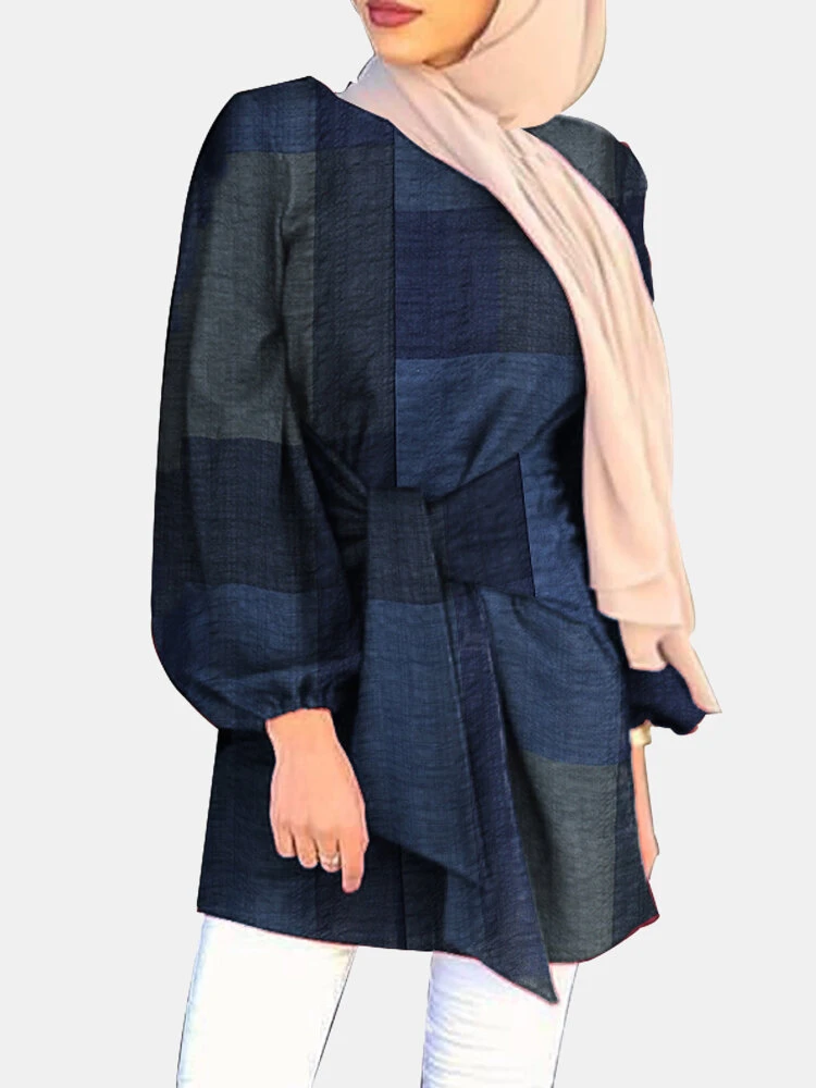 Ethnic Plaid Print Puff Sleeves Casual Blouse For Women 2 Ethnic Plaid Print Puff Sleeves Casual Blouse For Women - Image 2