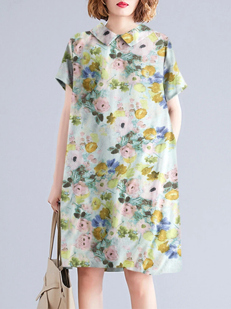 Women Allover Watercolor Floral Print Lapel Short Sleeve Dress 2 Women Allover Watercolor Floral Print Lapel Short Sleeve Dress - Image 2
