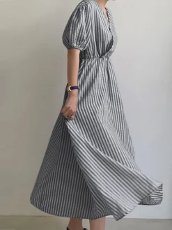 Puff Sleeve Wrap V-neck Stripe Print Midi Dress -Zanzea Shop c36a3167 8dc5 45f4 88f6 43b2c6c95d62