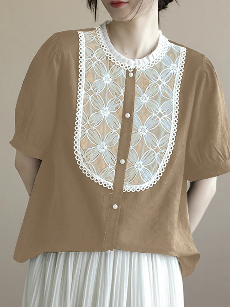 Contrast Embroidery Short Sleeve Pearl Button Blouse 2 Contrast Embroidery Short Sleeve Pearl Button Blouse - Image 2